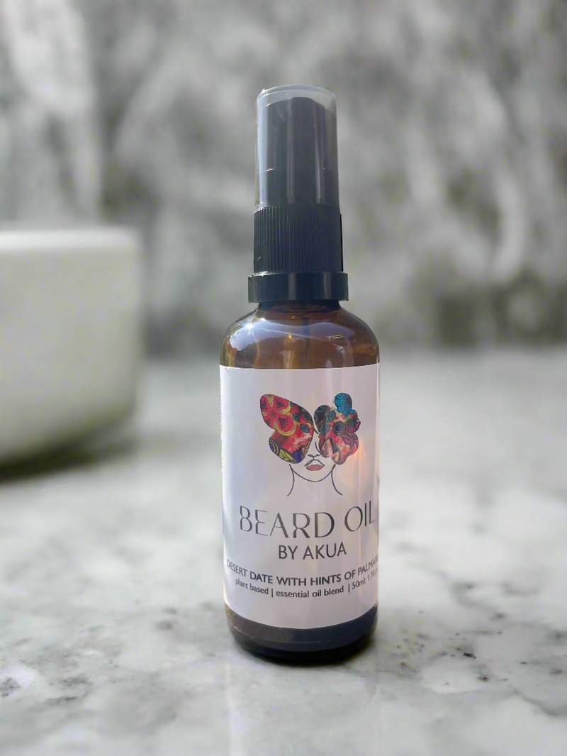 Natural handmade beard oil in amber glass bottle for conditioning dry beards and soothing skin